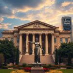 Flick International Grand building resembling the U.S. Attorney's Office in Washington, D.C., with a statue of Lady Justice in the foreground