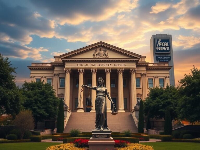 Flick International Grand building resembling the U.S. Attorney's Office in Washington, D.C., with a statue of Lady Justice in the foreground