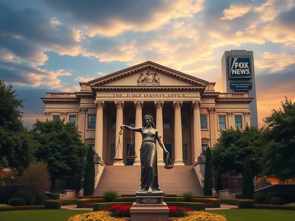 Flick International Grand building resembling the U.S. Attorney's Office in Washington, D.C., with a statue of Lady Justice in the foreground