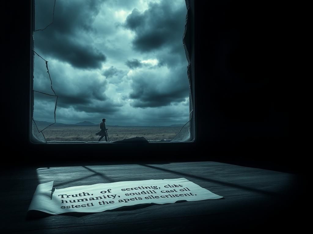 Flick International A dimly lit room with a shattered window, symbolizing despair and trauma.