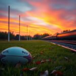 Flick International Tranquil rugby field at dusk with a rugby ball resting on the ground
