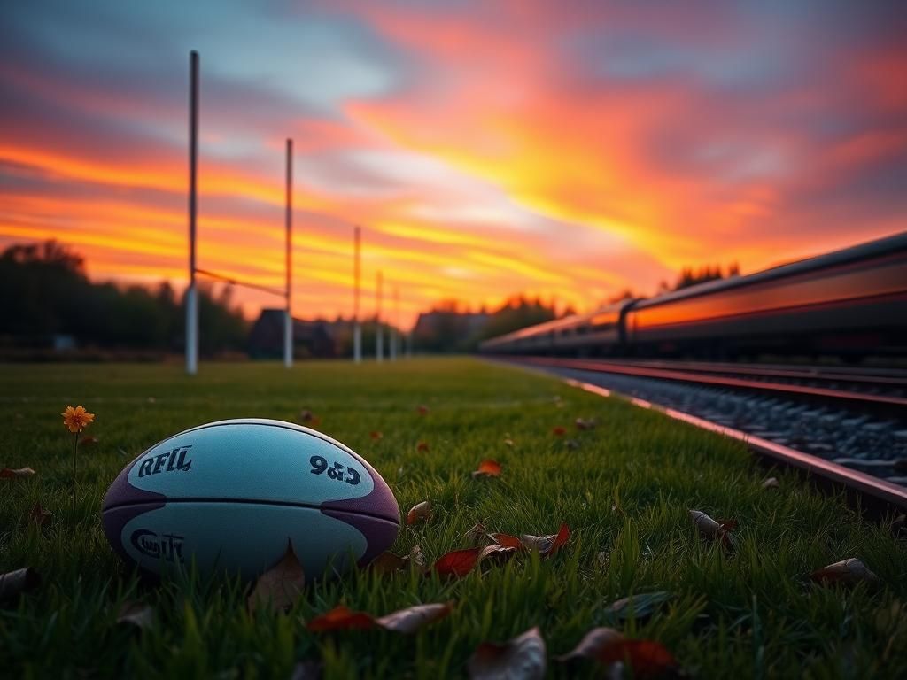 Flick International Tranquil rugby field at dusk with a rugby ball resting on the ground