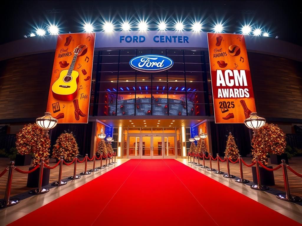 Flick International A vibrant scene of the Ford Center at The Star in Frisco, Texas, decorated for the 2025 ACM Awards