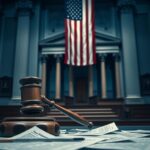 Flick International Courthouse interior with ornate bench and gavel symbolizing justice