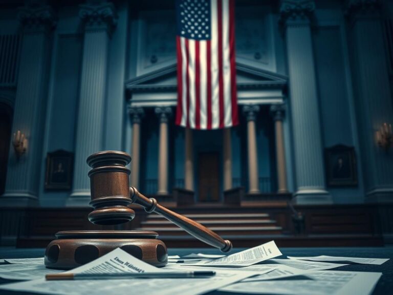 Flick International Courthouse interior with ornate bench and gavel symbolizing justice