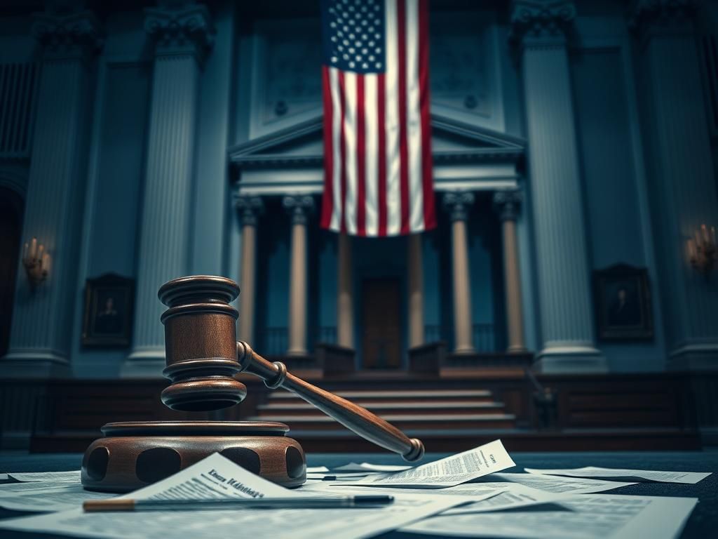 Flick International Courthouse interior with ornate bench and gavel symbolizing justice