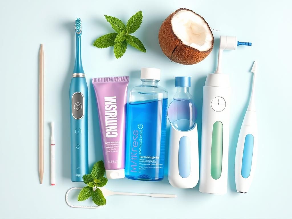 Flick International Flat lay of various oral care essentials including an electric toothbrush, toothpaste, mouthwash, tongue scraper, and water flosser on a bright background