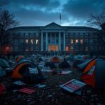 Flick International Chaotic scene of protest outside Brooklyn College with overturned tents and protest signs