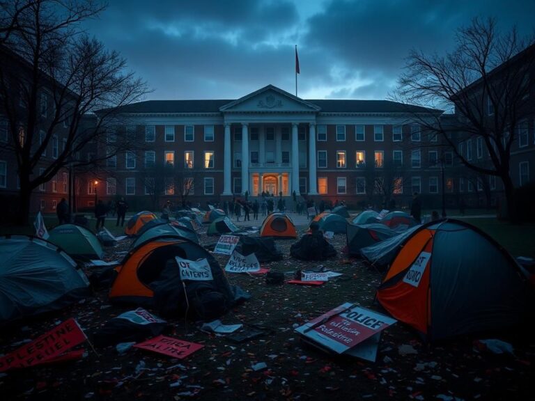 Flick International Chaotic scene of protest outside Brooklyn College with overturned tents and protest signs