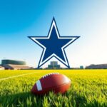 Flick International A dynamic scene of the Dallas Cowboys star logo on a football field under a clear blue sky