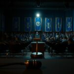 Flick International Dimly lit town hall meeting room with empty chairs facing a spotlighted podium