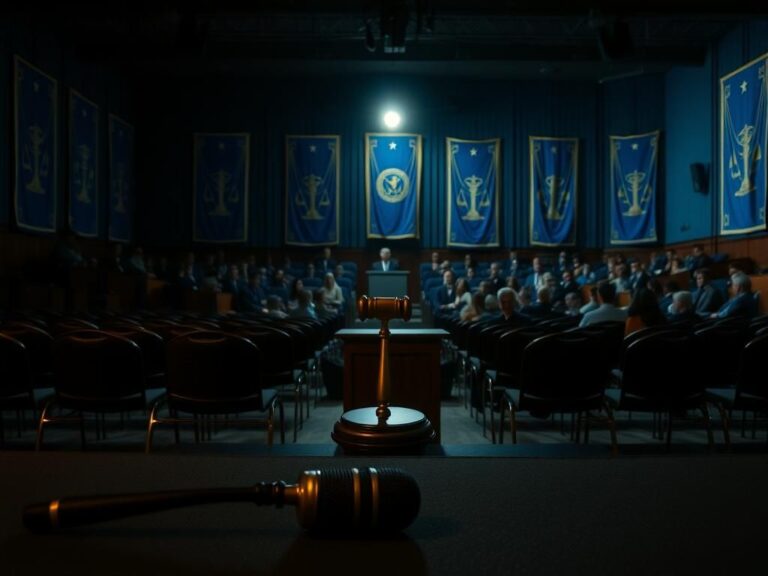 Flick International Dimly lit town hall meeting room with empty chairs facing a spotlighted podium