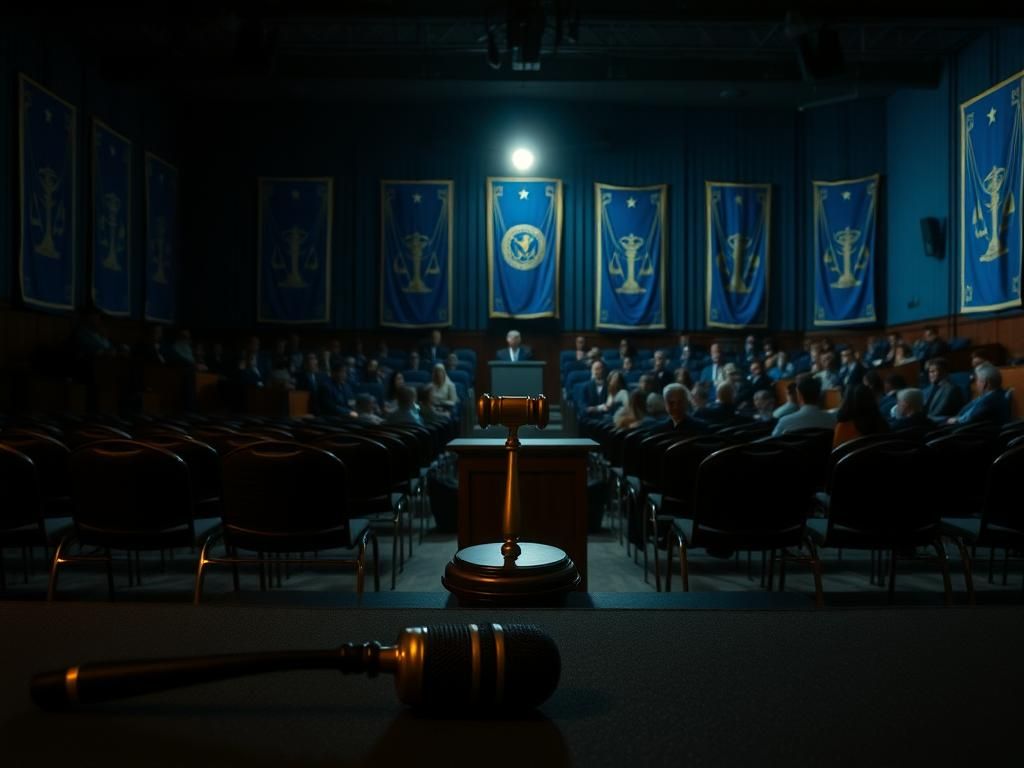 Flick International Dimly lit town hall meeting room with empty chairs facing a spotlighted podium