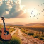 Flick International A serene landscape with a winding road and a vintage acoustic guitar symbolizing recovery