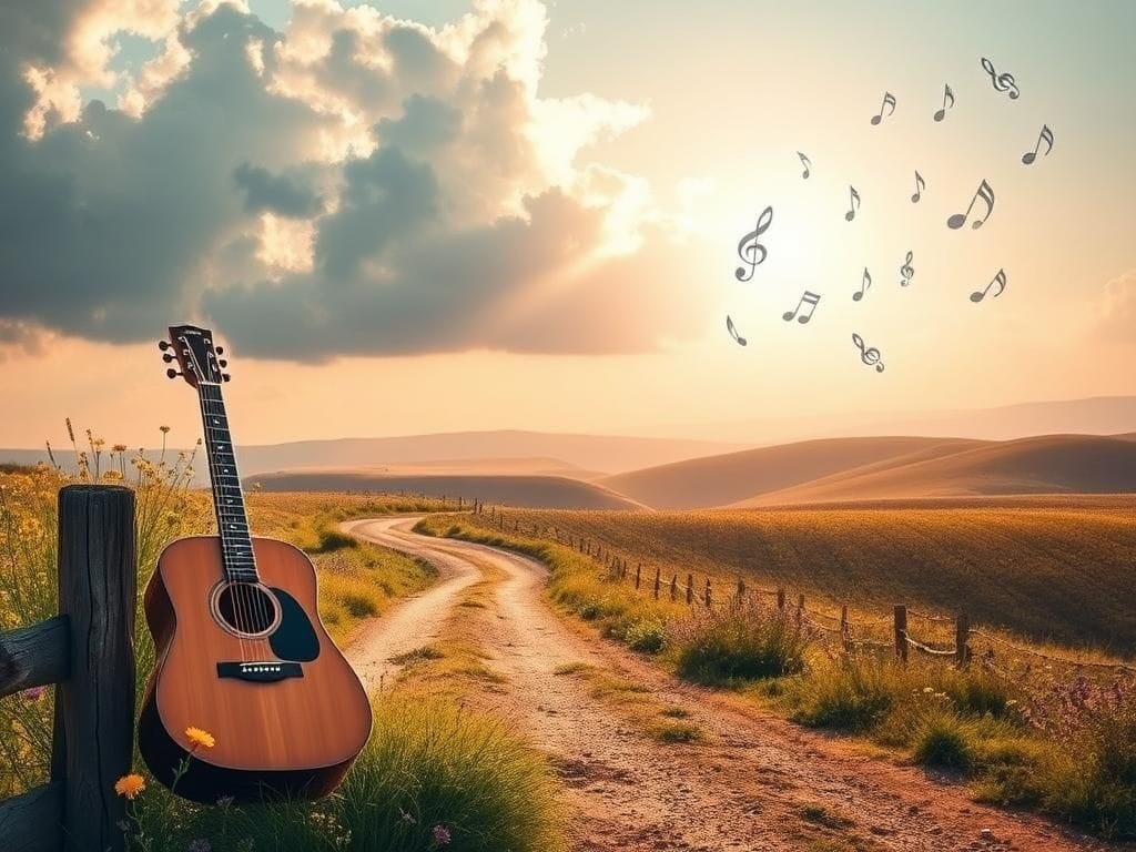Flick International A serene landscape with a winding road and a vintage acoustic guitar symbolizing recovery