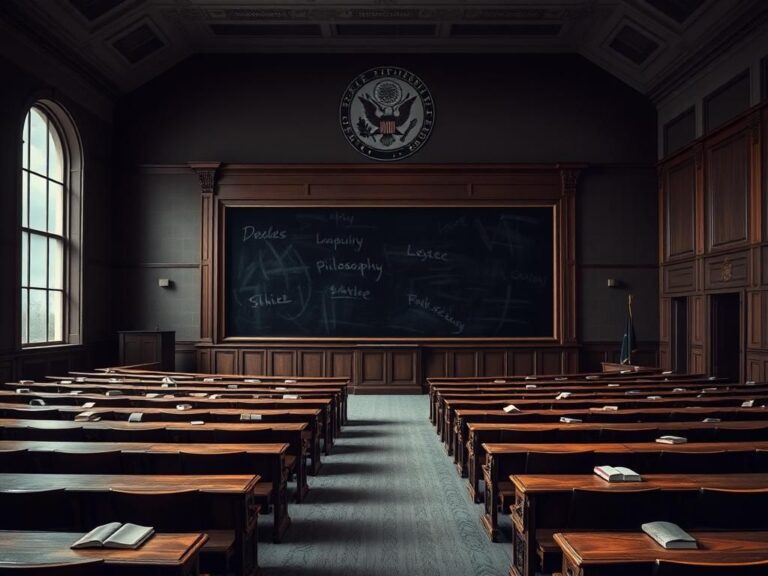 Flick International A somber lecture hall at West Point with empty benches and scattered books