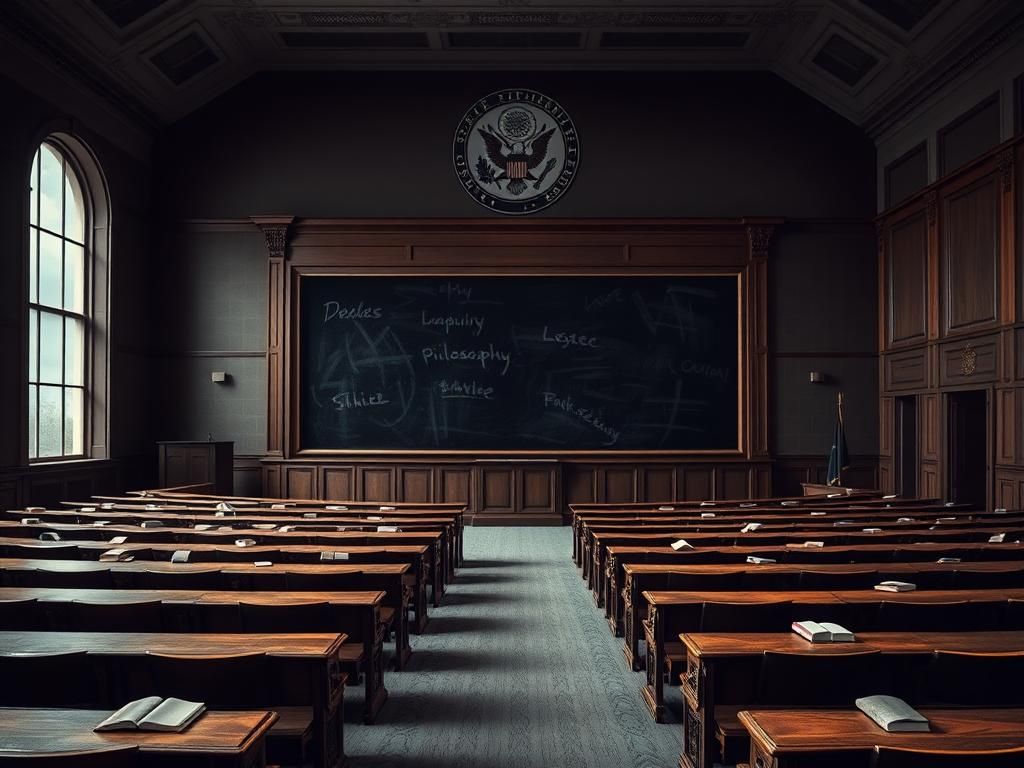Flick International A somber lecture hall at West Point with empty benches and scattered books