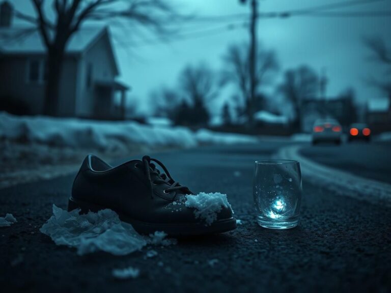 Flick International Dimly lit scene of a cold, frozen street in Canton, Massachusetts with abandoned shoe and broken glass symbolizing tragedy.