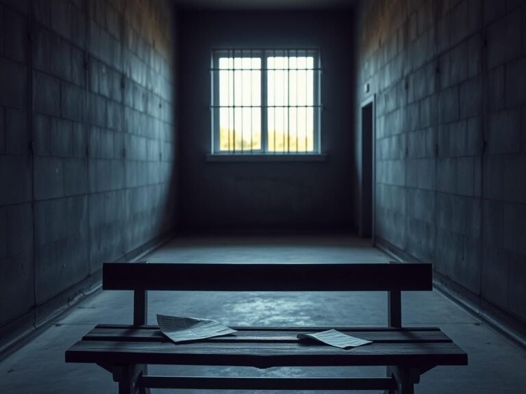 Flick International Dimly lit detention center hallway with concrete walls and metal bars conveying a sense of confinement