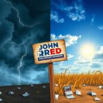 Flick International A weathered wooden campaign sign for John Reid standing in a split scene of stormy and clear skies, symbolizing Virginia's political turmoil