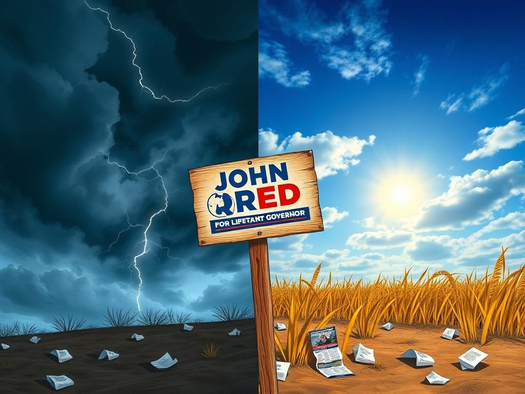 Flick International A weathered wooden campaign sign for John Reid standing in a split scene of stormy and clear skies, symbolizing Virginia's political turmoil
