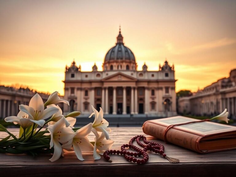 Flick International Serene view of St. Peter's Basilica at dawn with blooming white lilies in the foreground