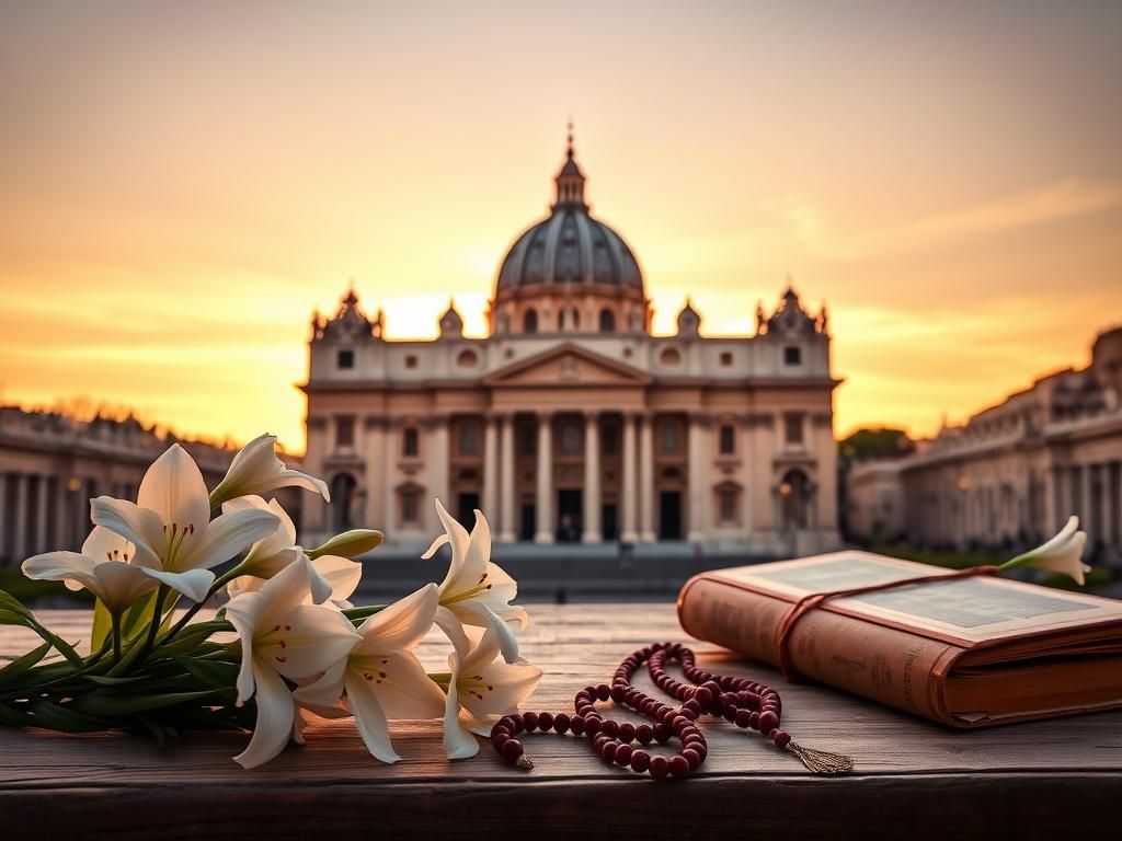 Flick International Serene view of St. Peter's Basilica at dawn with blooming white lilies in the foreground