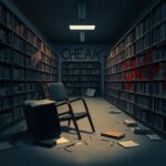 Flick International Dimly lit library scene showing chaotic disturbance aftermath with overturned furniture and graffiti slogans.