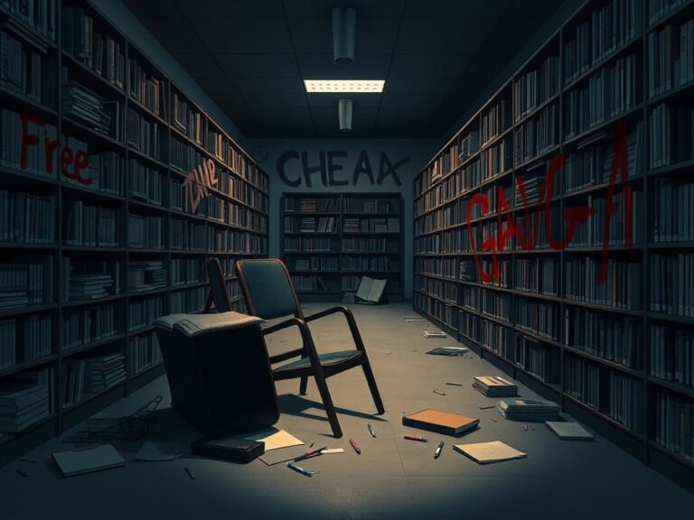 Flick International Dimly lit library scene showing chaotic disturbance aftermath with overturned furniture and graffiti slogans.