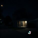 Flick International Dark suburban street at night with a modest home and light spilling from the door