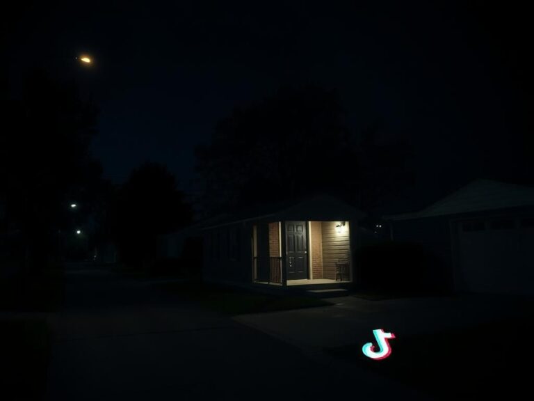 Flick International Dark suburban street at night with a modest home and light spilling from the door