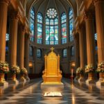 Flick International Interior view of a grand cathedral featuring golden papal chair and stained glass windows