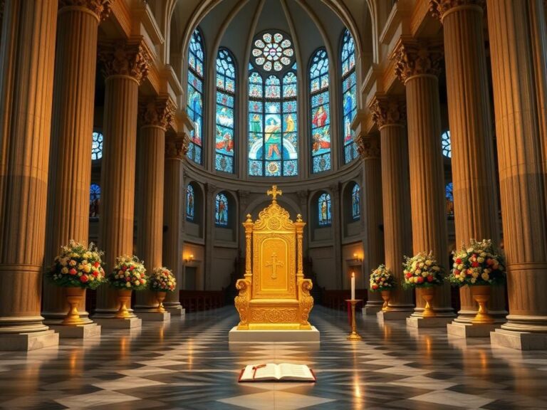 Flick International Interior view of a grand cathedral featuring golden papal chair and stained glass windows