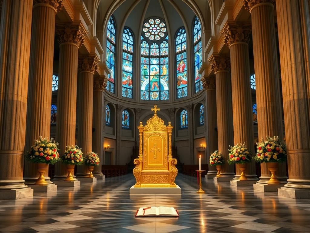 Flick International Interior view of a grand cathedral featuring golden papal chair and stained glass windows