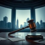 Flick International Dramatic courtroom scene depicting a gavel striking down on a wooden table
