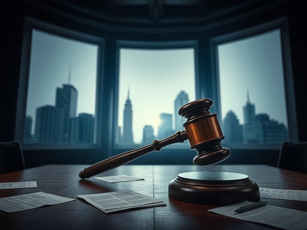 Flick International Dramatic courtroom scene depicting a gavel striking down on a wooden table