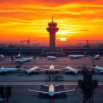 Flick International Aerial view of Newark Liberty International Airport at sunset