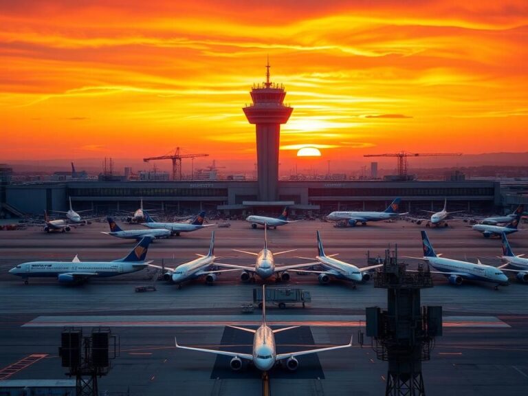 Flick International Aerial view of Newark Liberty International Airport at sunset
