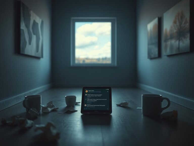 Flick International A solitary digital device in a dimly lit room symbolizing loneliness and disconnection