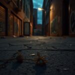 Flick International A wilted flower on cracked pavement in a dimly lit urban alleyway symbolizing loss and mourning