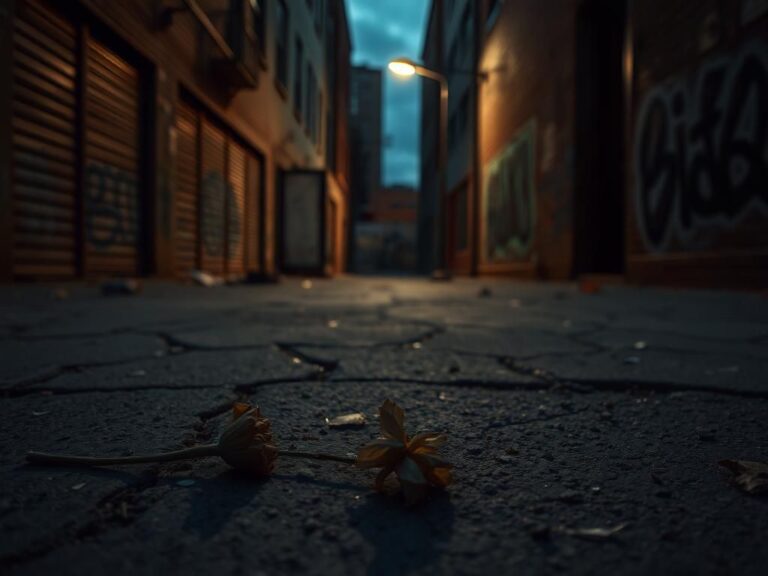 Flick International A wilted flower on cracked pavement in a dimly lit urban alleyway symbolizing loss and mourning