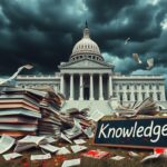 Flick International Exterior of the Library of Congress surrounded by dark stormy clouds with toppled books in the foreground