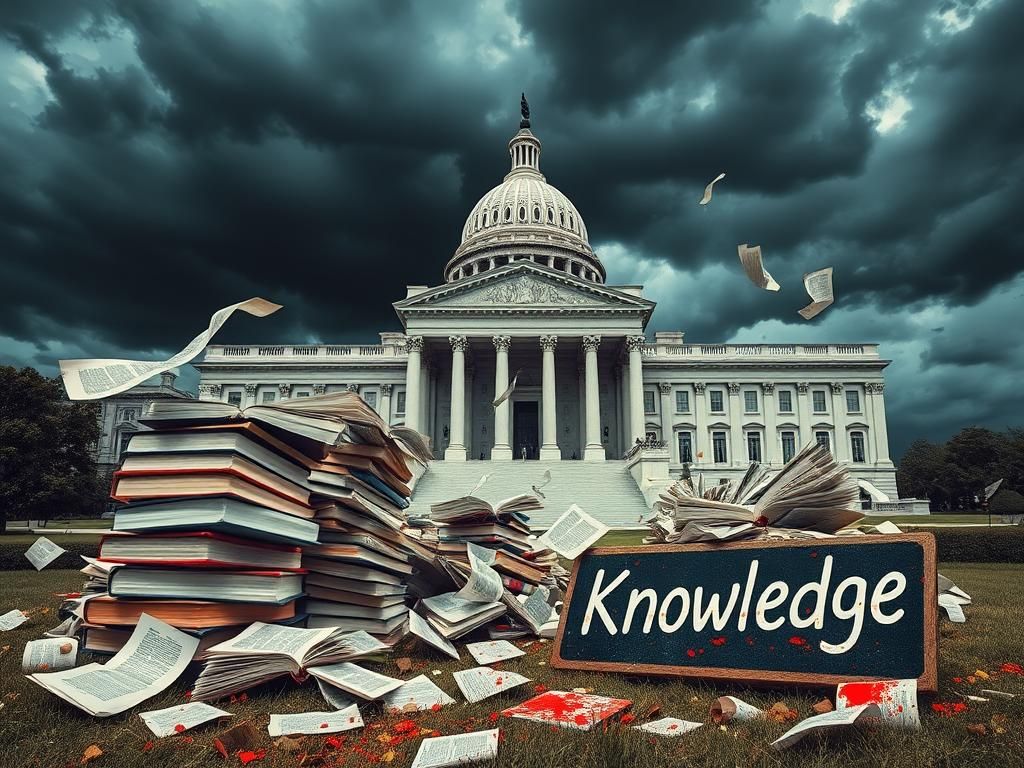 Flick International Exterior of the Library of Congress surrounded by dark stormy clouds with toppled books in the foreground