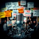Flick International A broken microphone surrounded by shattered glass symbolizing silenced voices in cancel culture