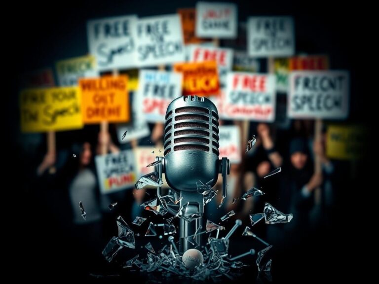Flick International A broken microphone surrounded by shattered glass symbolizing silenced voices in cancel culture
