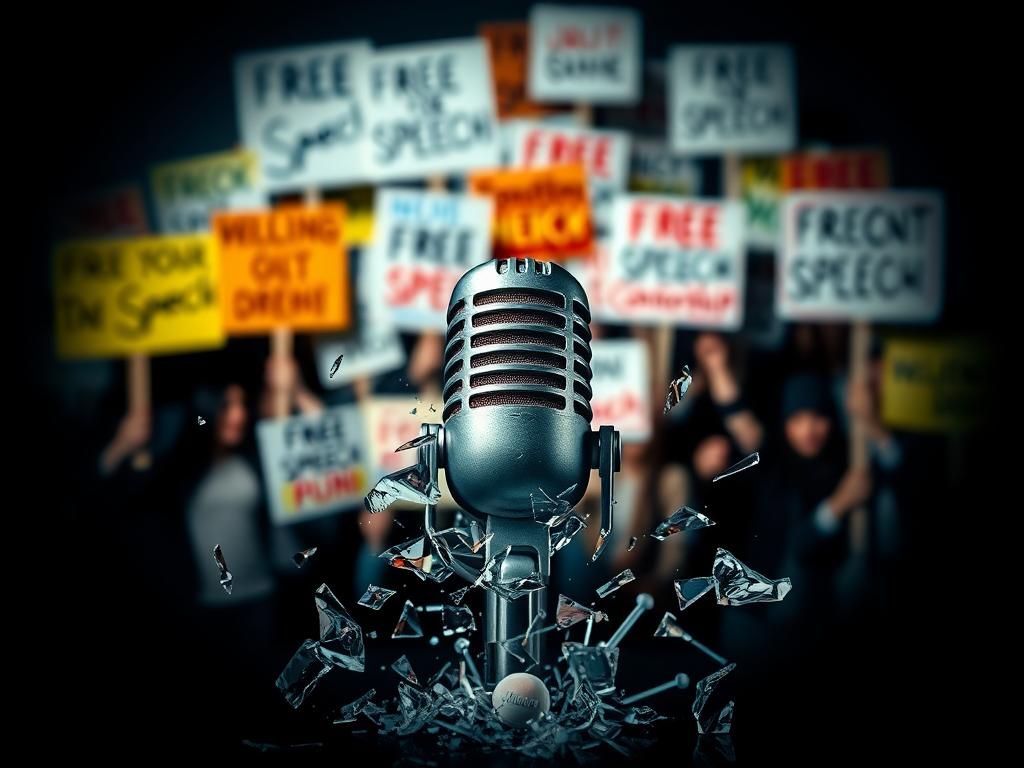 Flick International A broken microphone surrounded by shattered glass symbolizing silenced voices in cancel culture