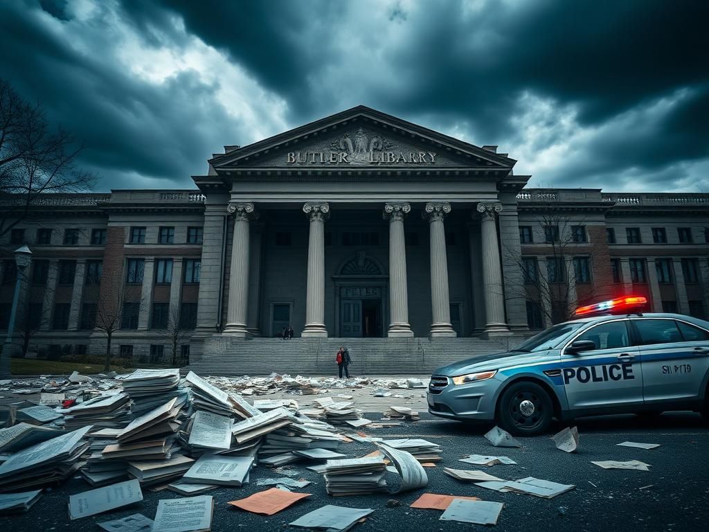 Flick International Exterior of Butler Library at Columbia University with scattered books and papers