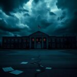 Flick International Dark stormy landscape with a high school building under ominous clouds