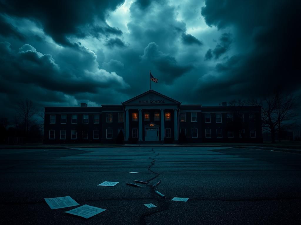 Flick International Dark stormy landscape with a high school building under ominous clouds