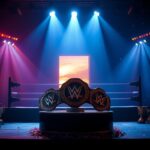 Flick International A wrestling ring illuminated by spotlight beams with championship belts and an open door symbolizing new opportunities.